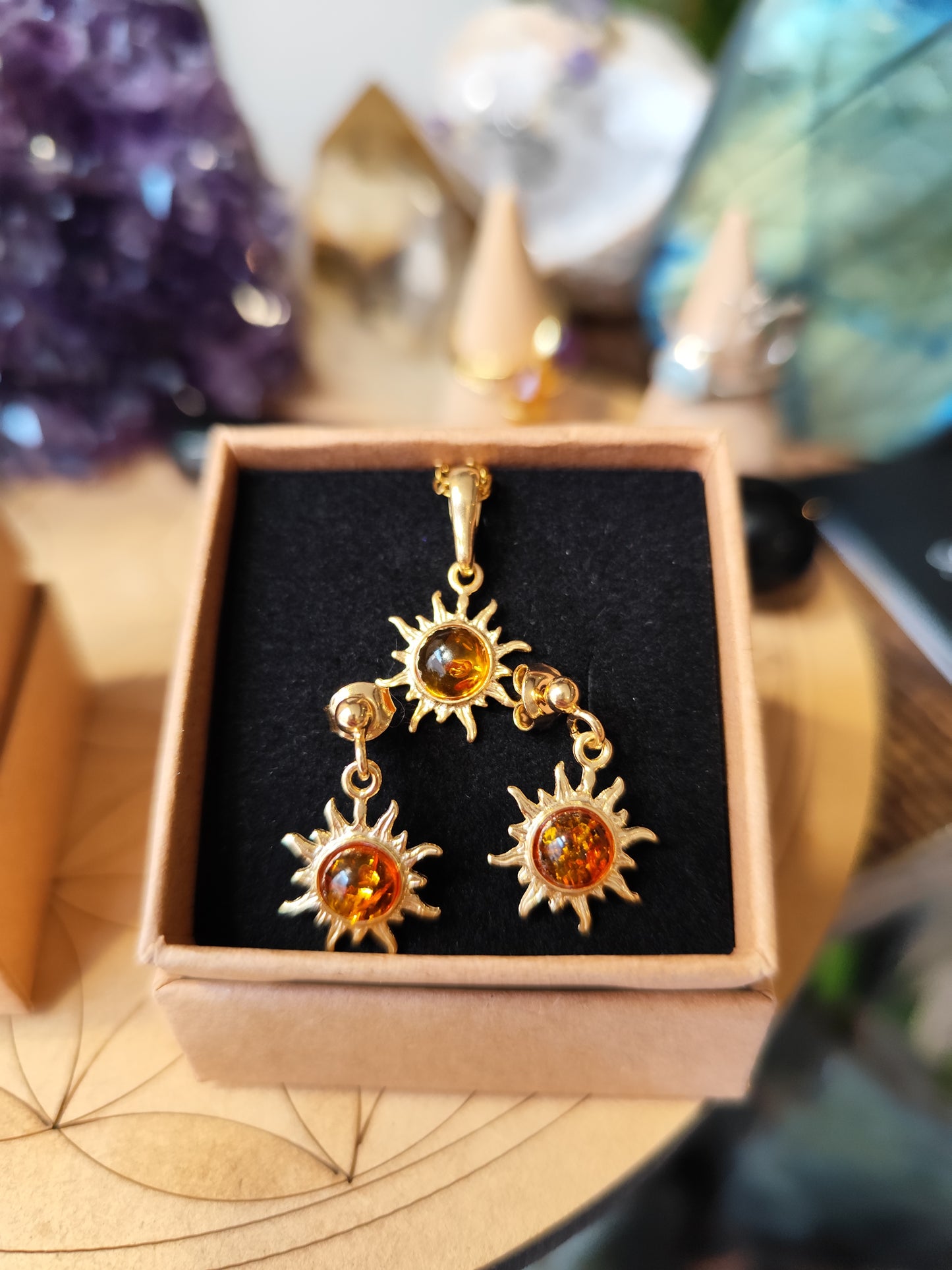 Parure Soleil Ambre ( Pendentif + Boucles )