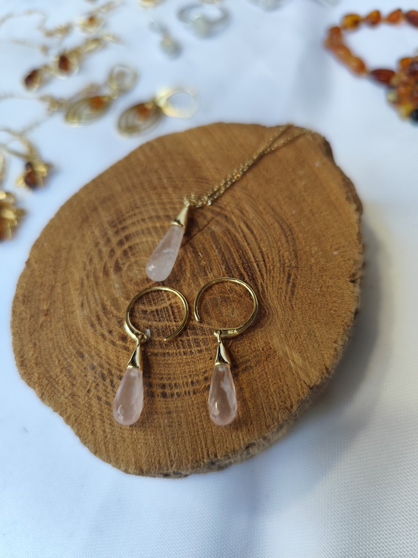 Parure Quartz Rose ( boucles + Pendentif)